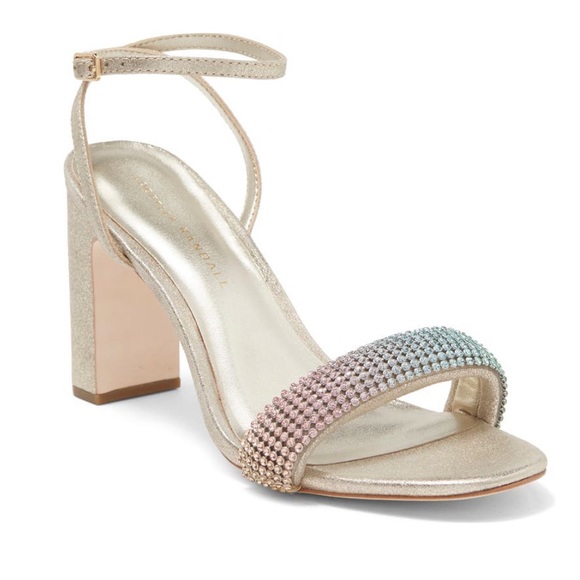 Loeffler Randall Shay Rainbow Crystal Metallic Gold Ankle Strap Sandal NEW 10.5